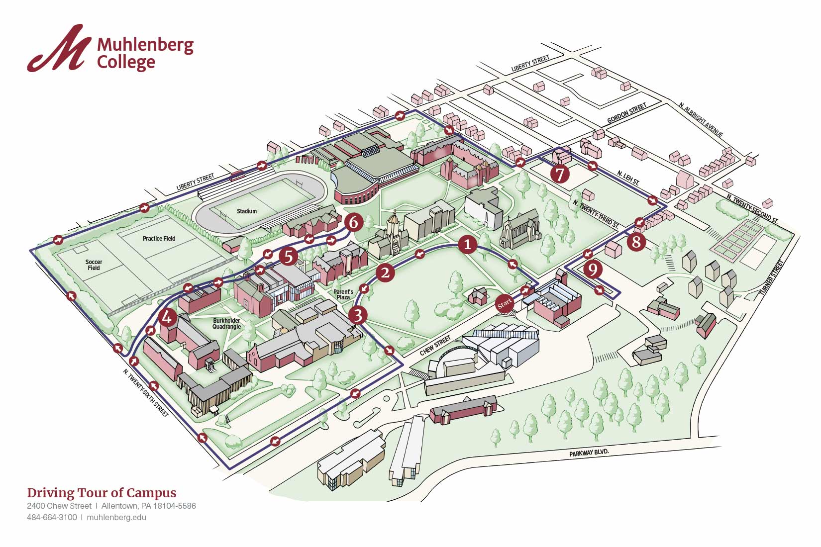 Muhlenberg campus map with driving tour information